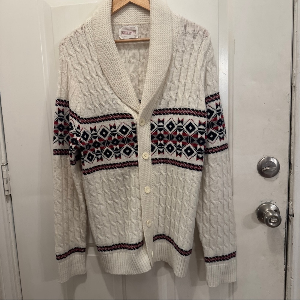Vintage Lord Jeff Shawl Collar Cardigan Cable Knit USA Made Sz Medium